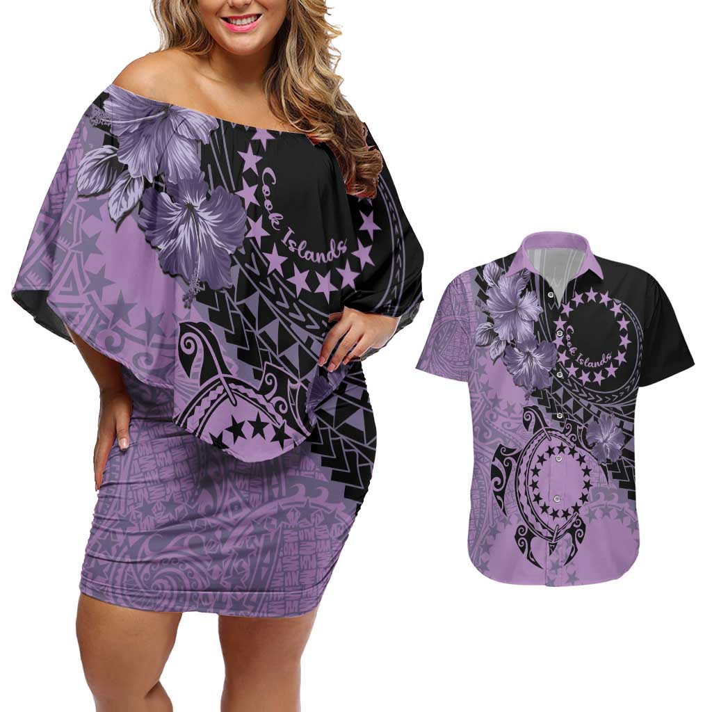 Cook Islands Turtle Couples Matching Off Shoulder Short Dress and Hawaiian Shirt Stars and Hibiscus - Purple