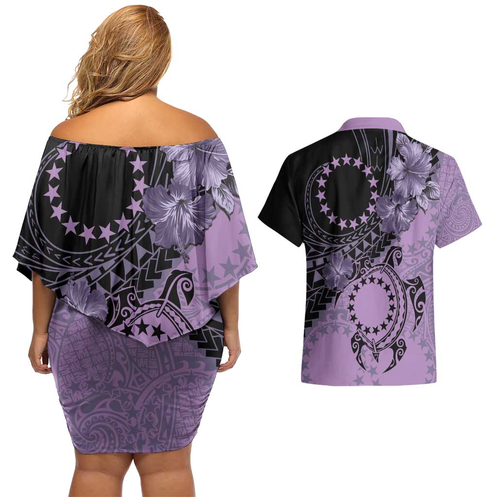 Cook Islands Turtle Couples Matching Off Shoulder Short Dress and Hawaiian Shirt Stars and Hibiscus - Purple
