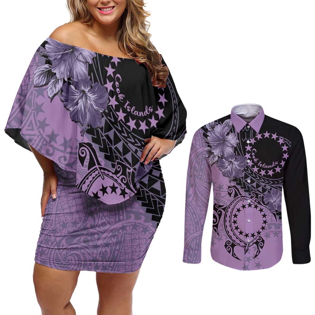 Cook Islands Turtle Couples Matching Off Shoulder Short Dress and Long Sleeve Button Shirt Stars and Hibiscus - Purple
