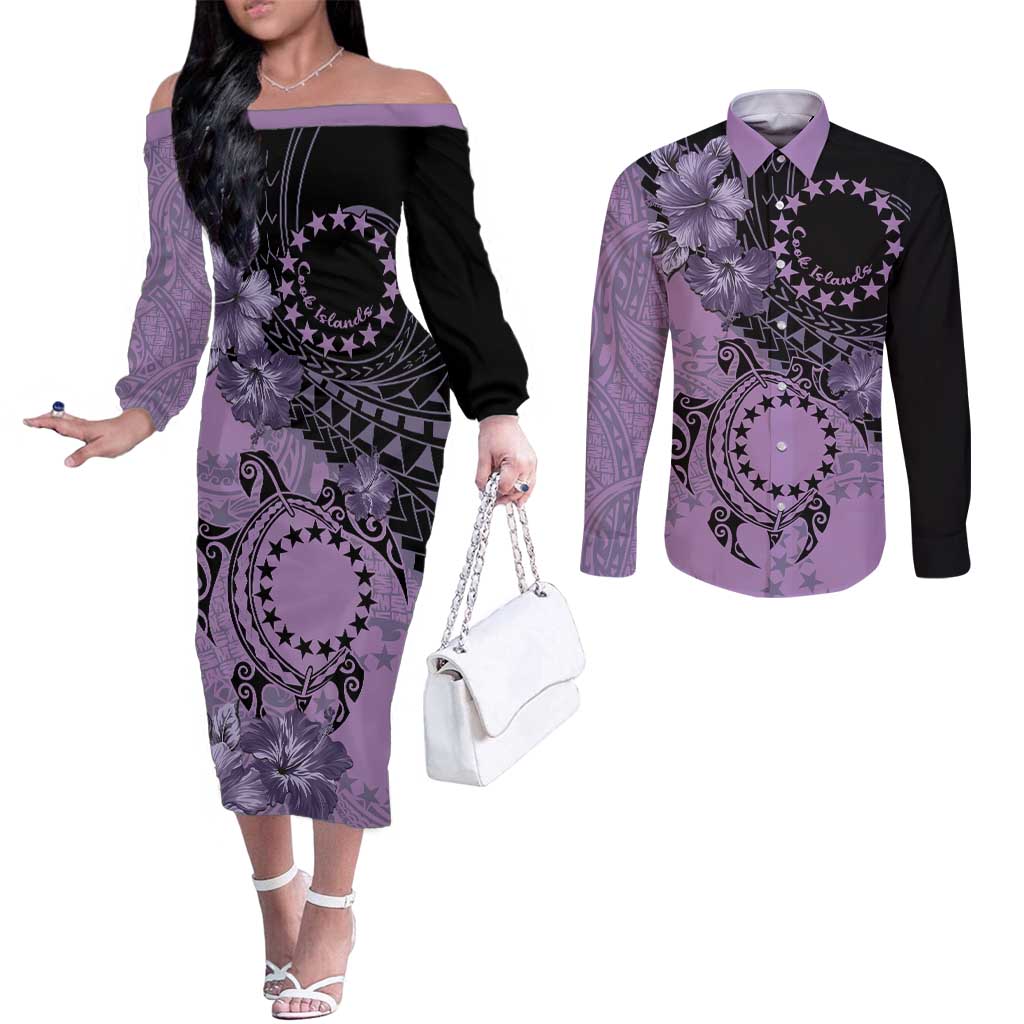 Cook Islands Turtle Couples Matching Off The Shoulder Long Sleeve Dress and Long Sleeve Button Shirt Stars and Hibiscus - Purple