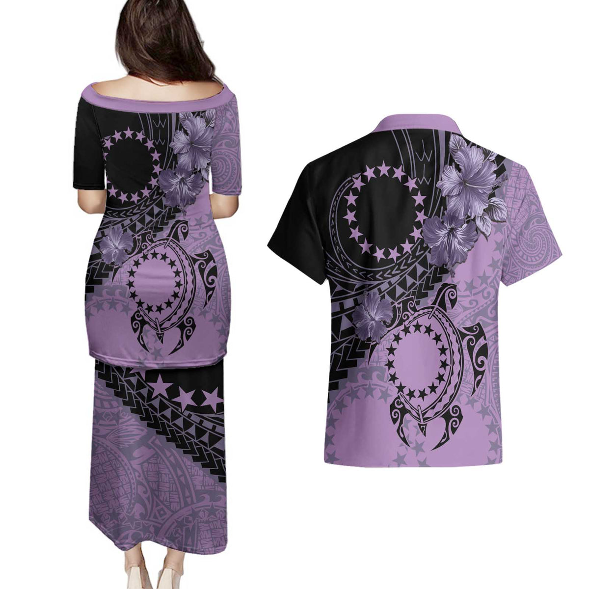 Cook Islands Turtle Couples Matching Puletasi and Hawaiian Shirt Stars and Hibiscus - Purple