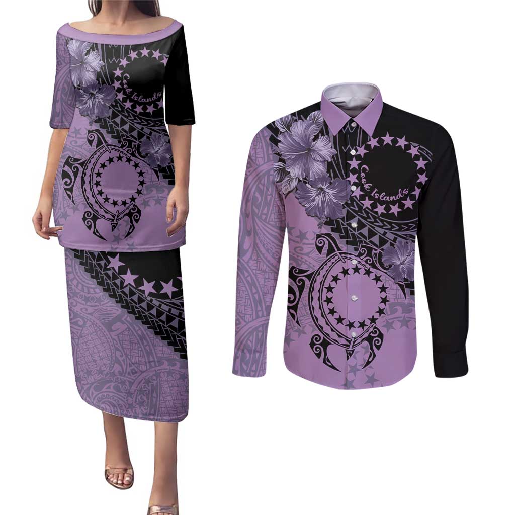 Cook Islands Turtle Couples Matching Puletasi and Long Sleeve Button Shirt Stars and Hibiscus - Purple