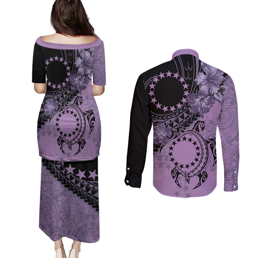 Cook Islands Turtle Couples Matching Puletasi and Long Sleeve Button Shirt Stars and Hibiscus - Purple