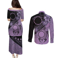 Cook Islands Turtle Couples Matching Puletasi and Long Sleeve Button Shirt Stars and Hibiscus - Purple