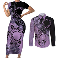 Cook Islands Turtle Couples Matching Short Sleeve Bodycon Dress and Long Sleeve Button Shirt Stars and Hibiscus - Purple