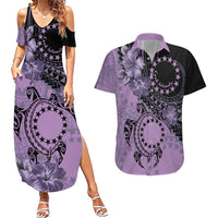 Cook Islands Turtle Couples Matching Summer Maxi Dress and Hawaiian Shirt Stars and Hibiscus - Purple