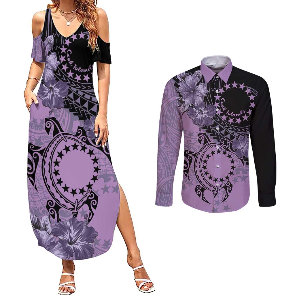 Cook Islands Turtle Couples Matching Summer Maxi Dress and Long Sleeve Button Shirt Stars and Hibiscus - Purple