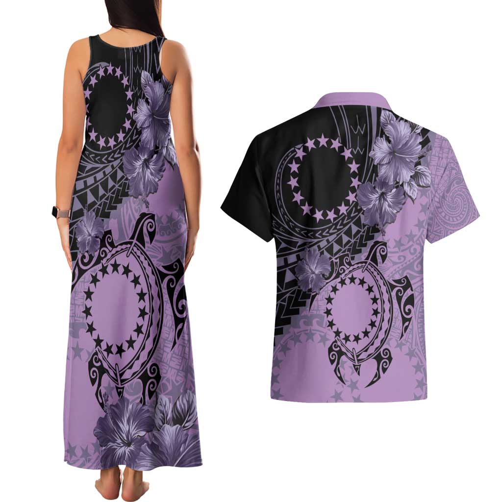 Cook Islands Turtle Couples Matching Tank Maxi Dress and Hawaiian Shirt Stars and Hibiscus - Purple