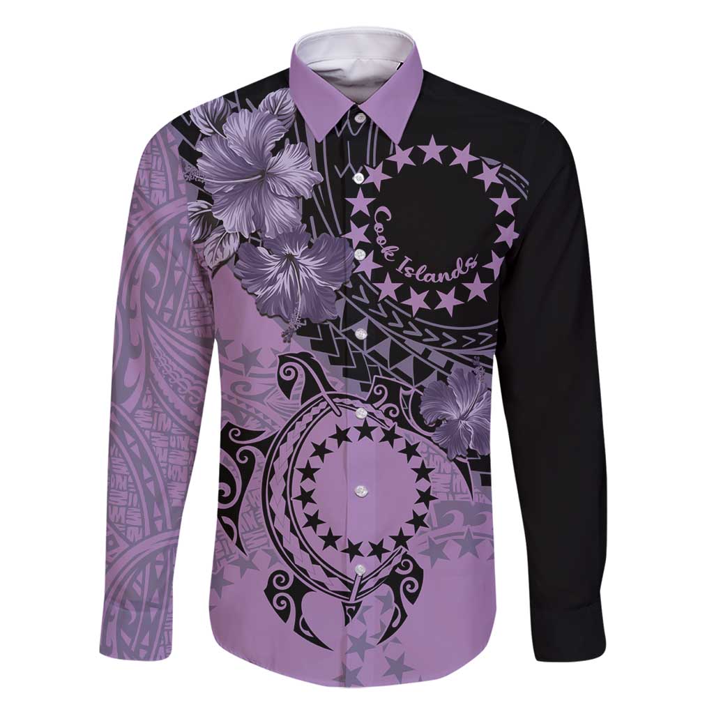Cook Islands Turtle Family Matching Long Sleeve Bodycon Dress and Hawaiian Shirt Stars and Hibiscus - Purple LT01 Dad's Shirt - Long Sleeve Purple - Polynesian Pride