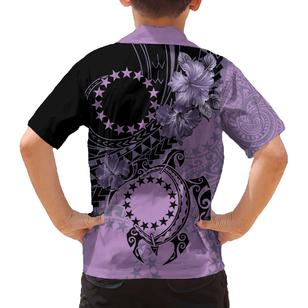Cook Islands Turtle Family Matching Off The Shoulder Long Sleeve Dress and Hawaiian Shirt Stars and Hibiscus - Purple LT01 - Polynesian Pride