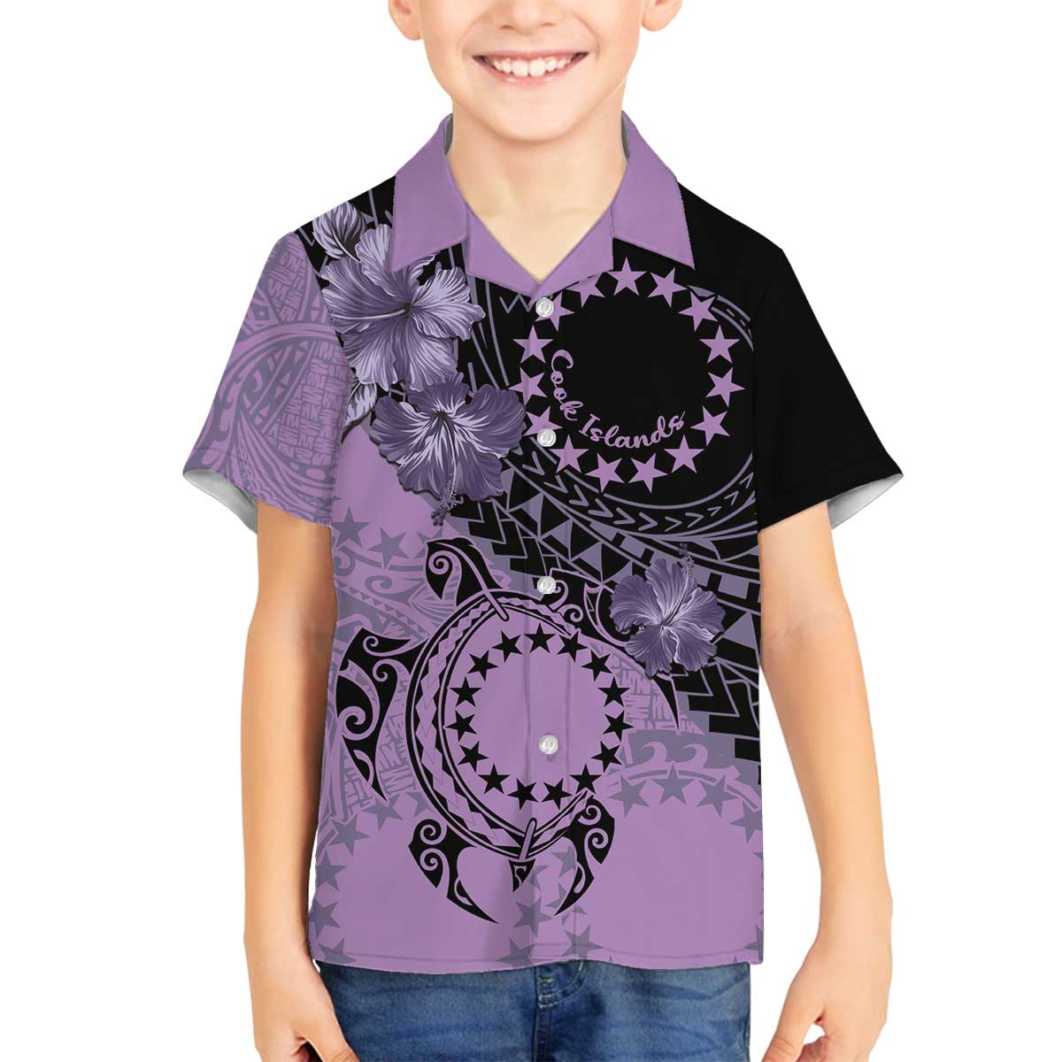 Cook Islands Turtle Family Matching Off The Shoulder Long Sleeve Dress and Hawaiian Shirt Stars and Hibiscus - Purple LT01 Son's Shirt Purple - Polynesian Pride