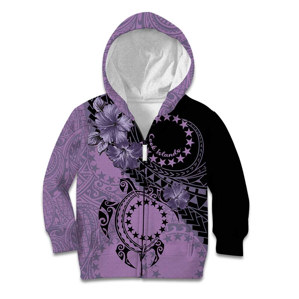 Cook Islands Turtle Kid Hoodie Stars and Hibiscus - Purple