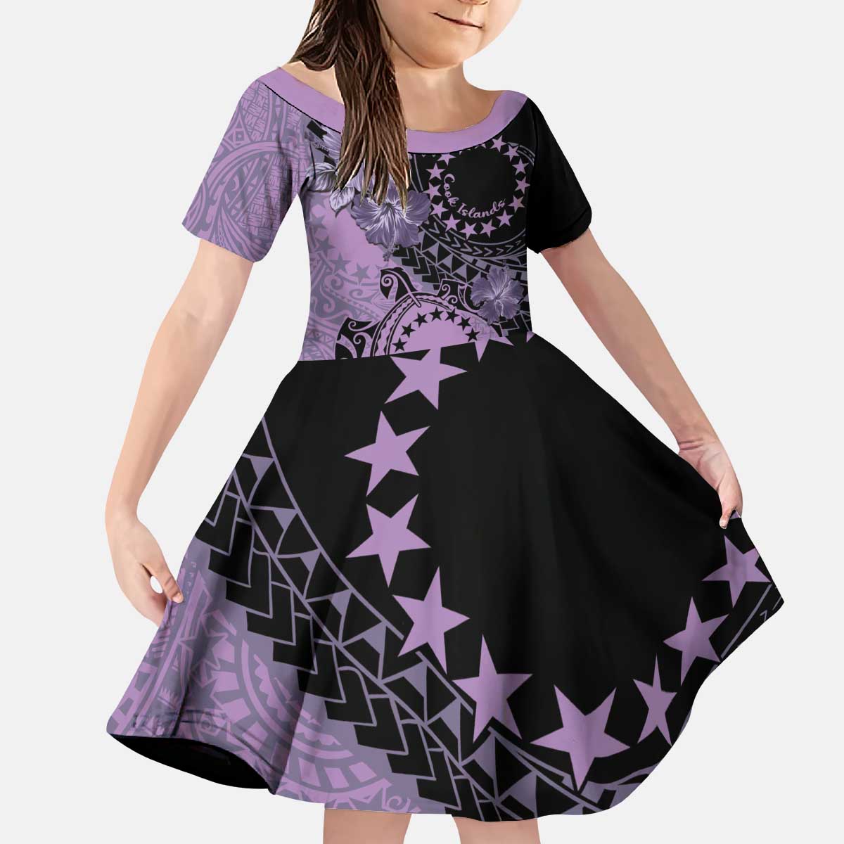 Cook Islands Turtle Kid Short Sleeve Dress Stars and Hibiscus - Purple