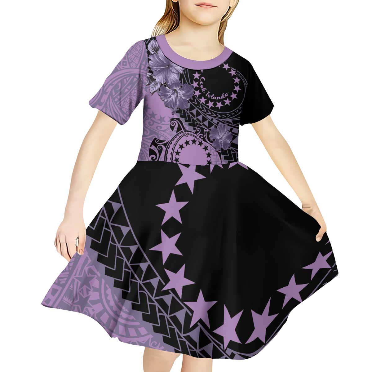 Cook Islands Turtle Kid Short Sleeve Dress Stars and Hibiscus - Purple
