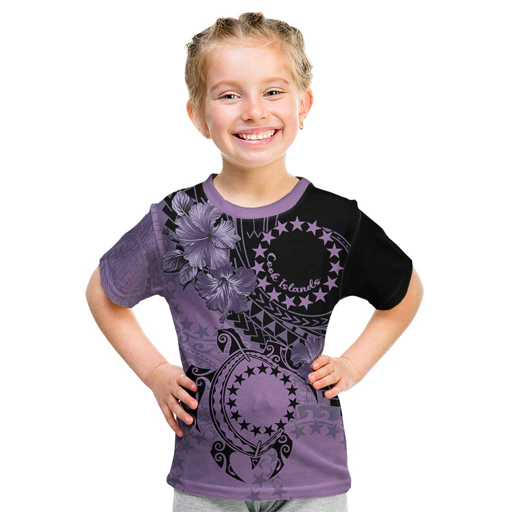 Cook Islands Turtle Kid T Shirt Stars and Hibiscus - Purple