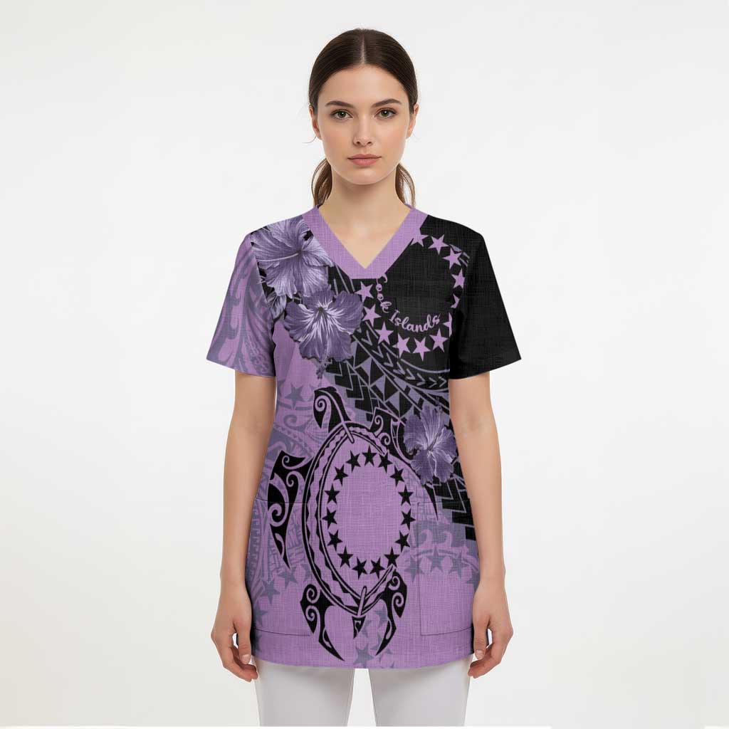 Cook Islands Turtle Scrub Top Stars and Hibiscus - Purple - Polynesian Pride