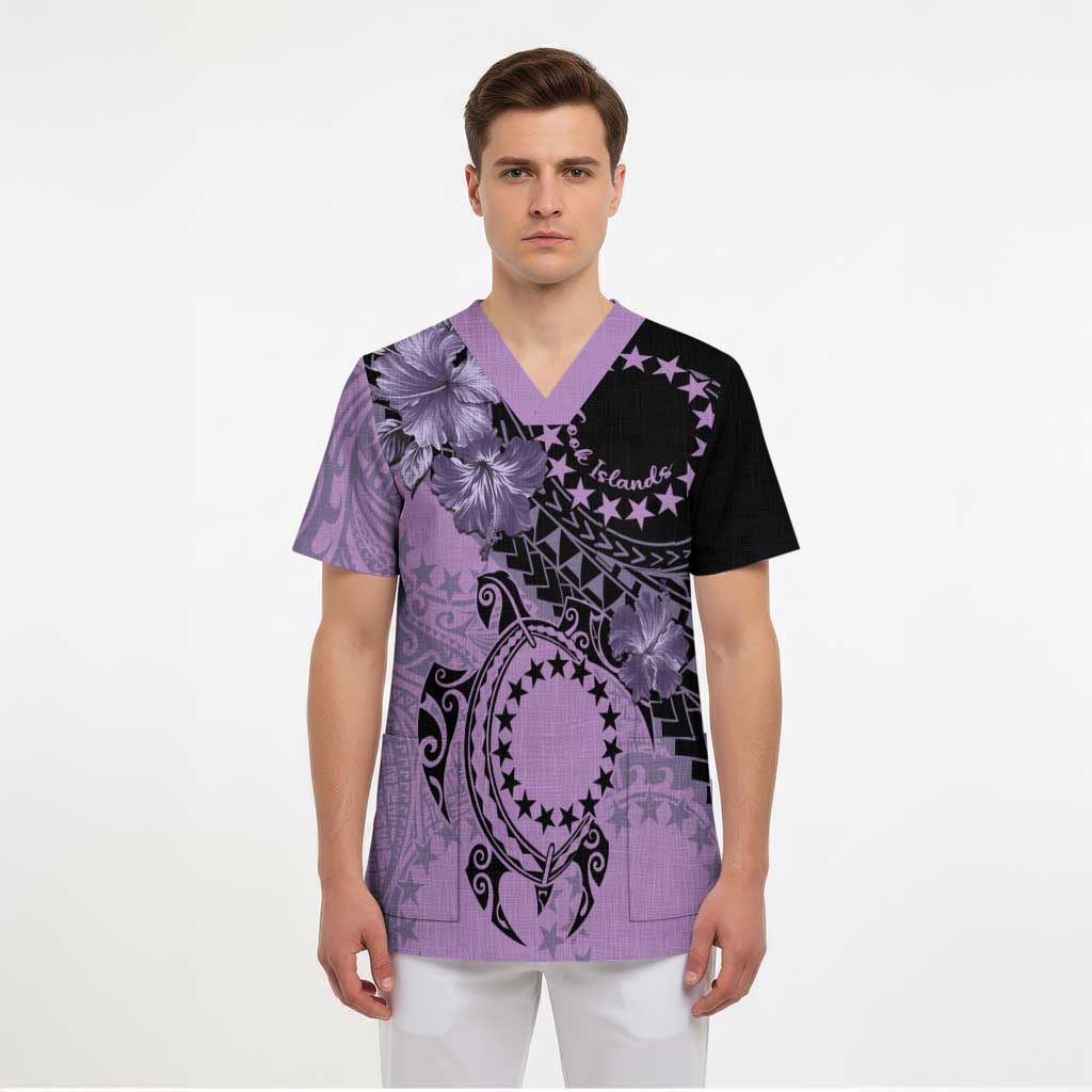 Cook Islands Turtle Scrub Top Stars and Hibiscus - Purple - Polynesian Pride