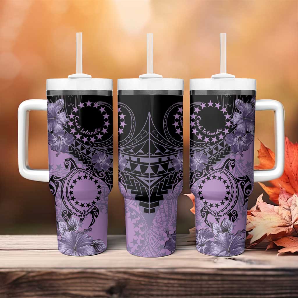 Cook Islands Turtle Tumbler With Handle Stars and Hibiscus - Purple