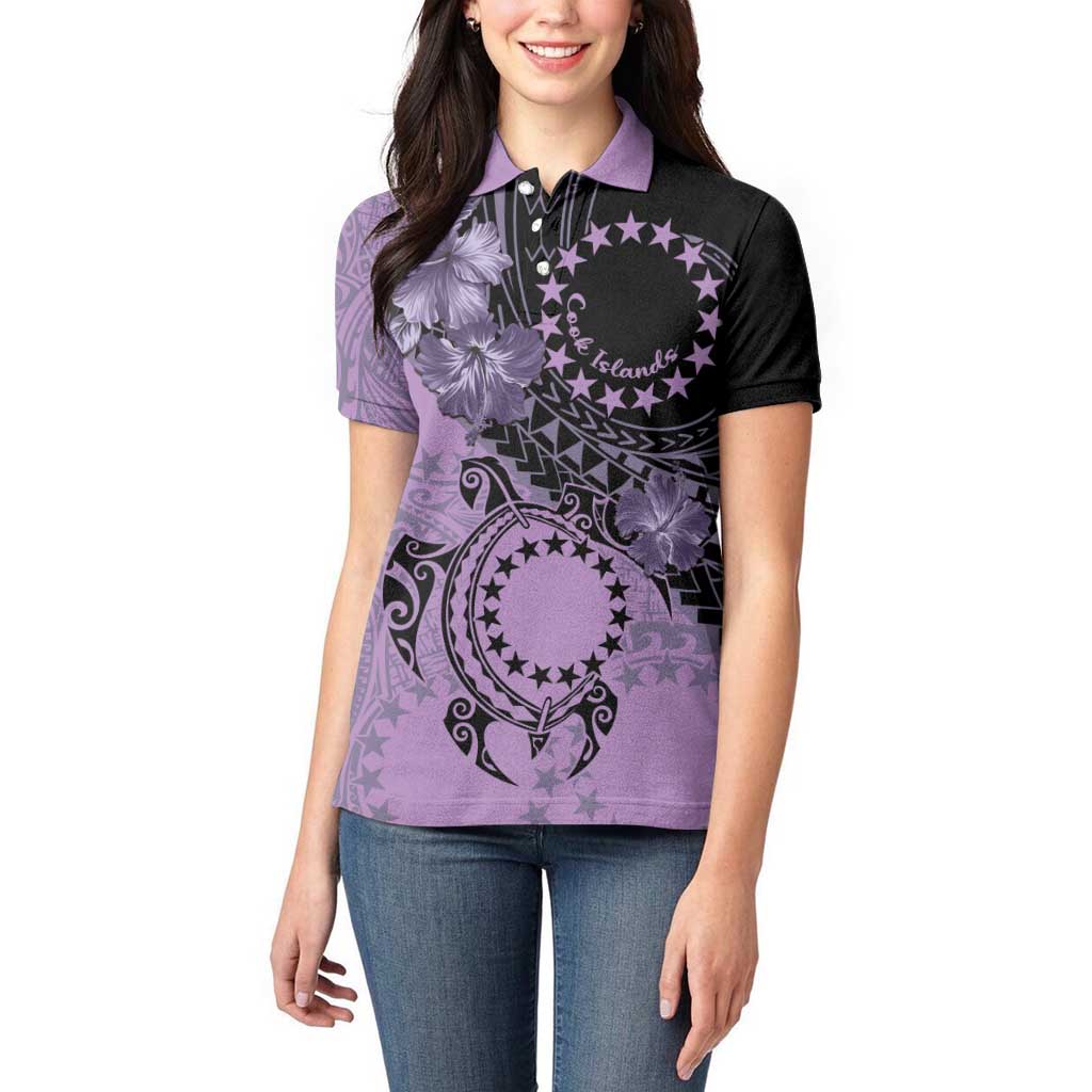 Cook Islands Turtle Women Polo Shirt Stars and Hibiscus - Purple