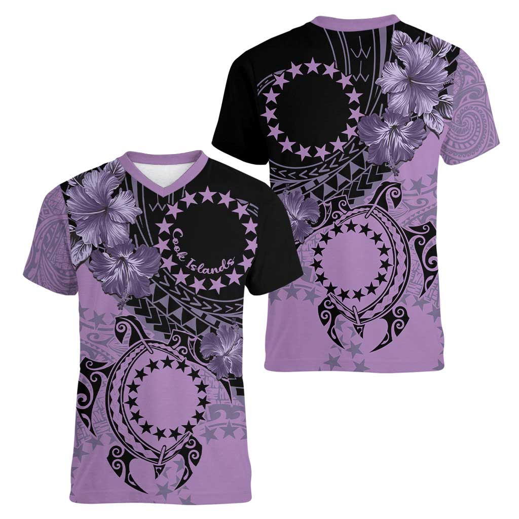 Cook Islands Turtle Women V-Neck T-Shirt Stars and Hibiscus - Purple