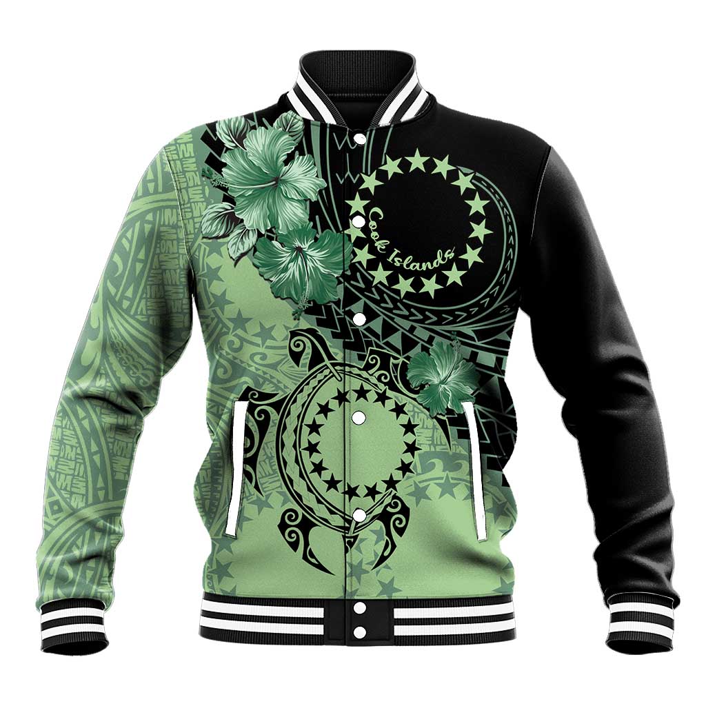 Cook Islands Turtle Baseball Jacket Stars and Hibiscus - Green