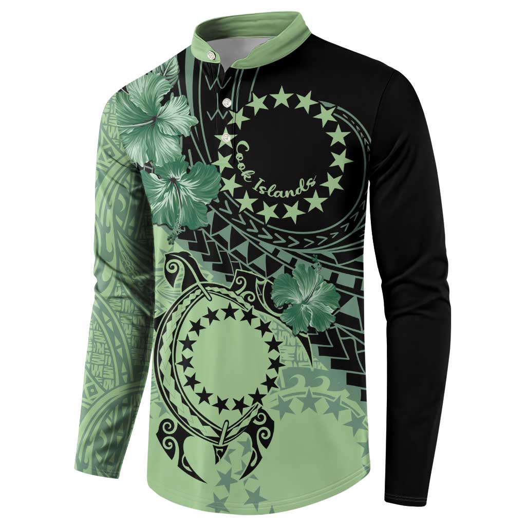 Cook Islands Turtle Button Sweatshirt Stars and Hibiscus - Green