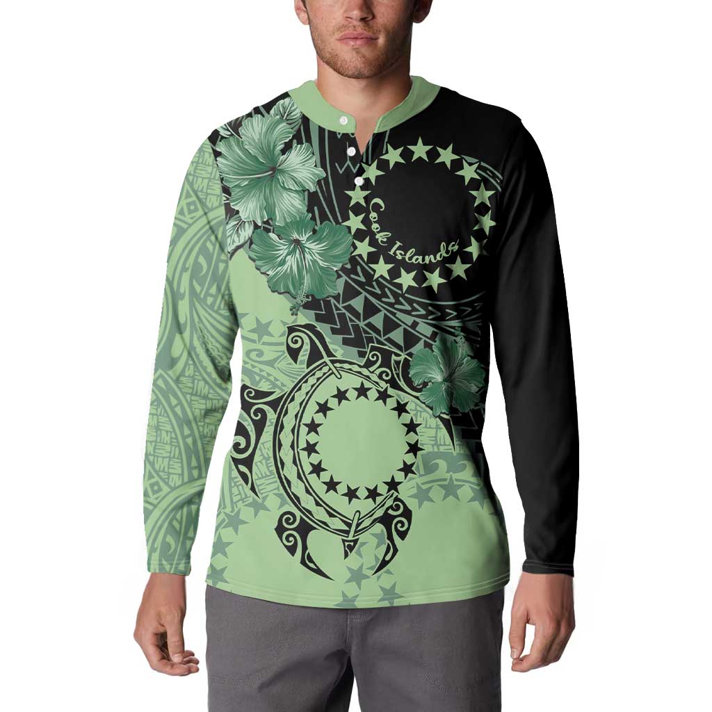 Cook Islands Turtle Button Sweatshirt Stars and Hibiscus - Green