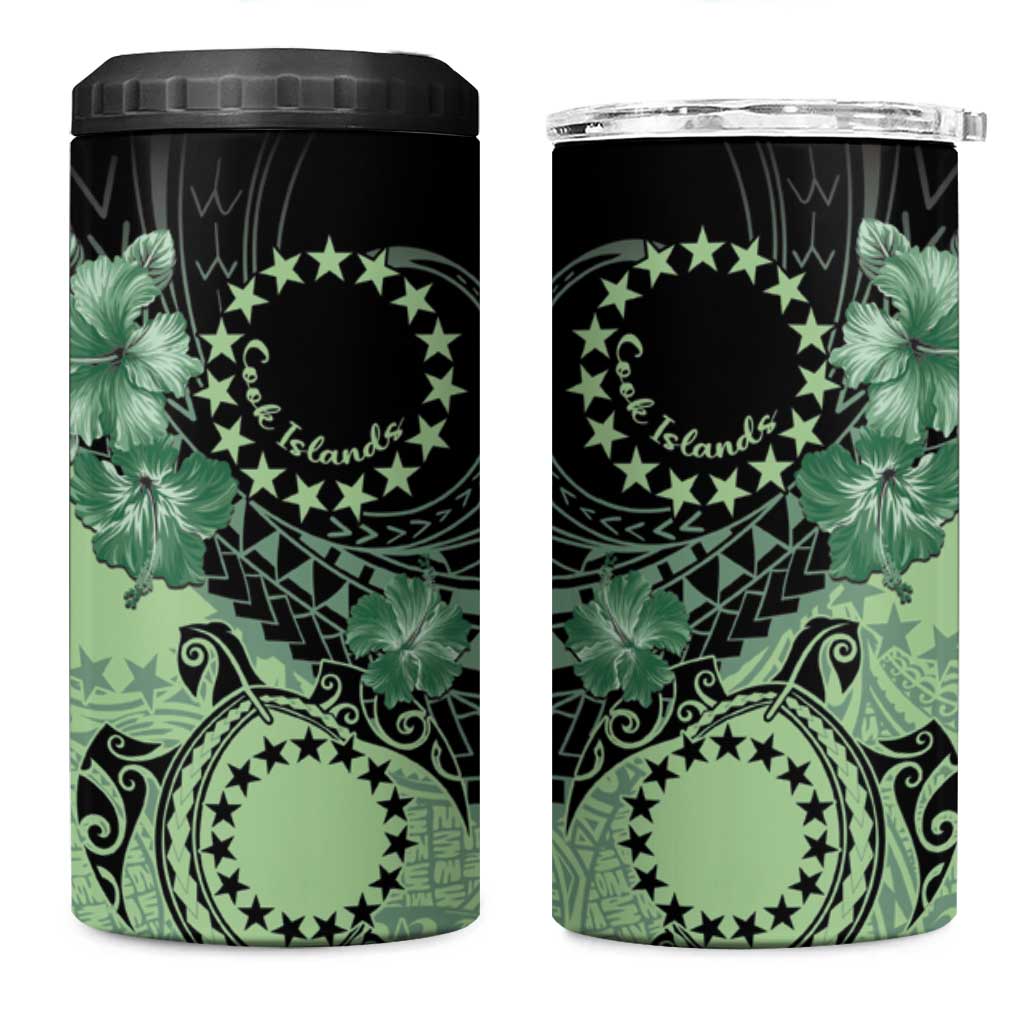 Cook Islands Turtle 4 in 1 Can Cooler Tumbler Stars and Hibiscus - Green