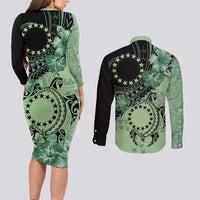 Cook Islands Turtle Couples Matching Long Sleeve Bodycon Dress and Long Sleeve Button Shirt Stars and Hibiscus - Green
