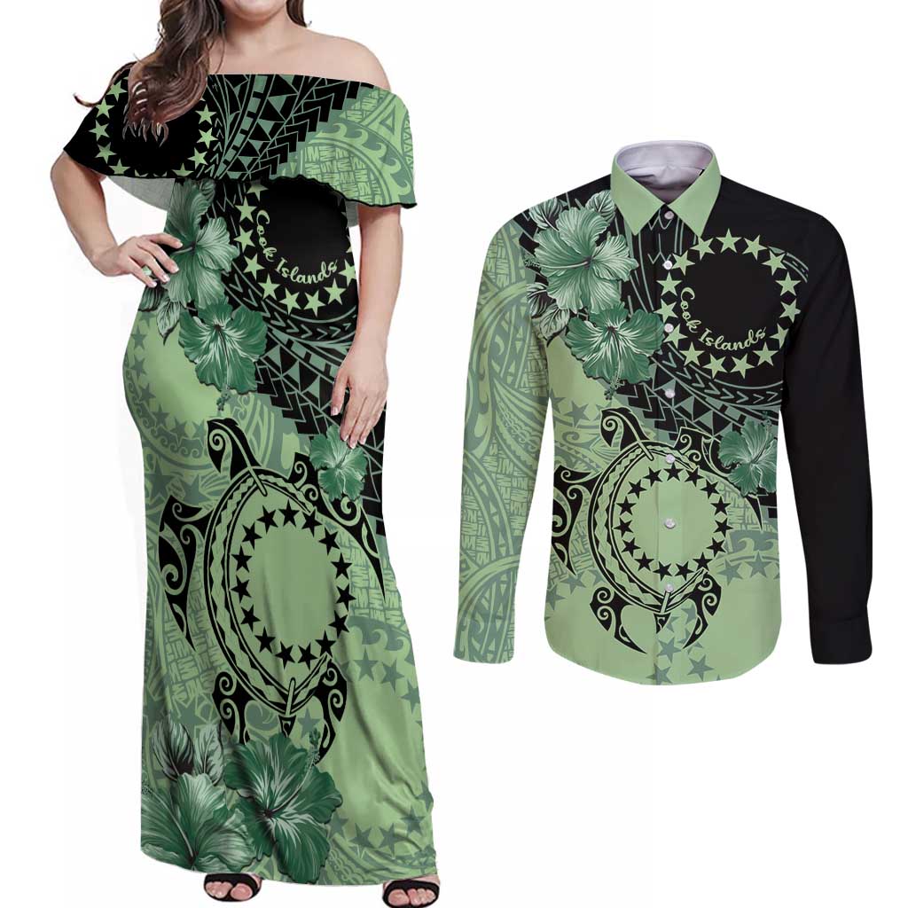 Cook Islands Turtle Couples Matching Off Shoulder Maxi Dress and Long Sleeve Button Shirt Stars and Hibiscus - Green
