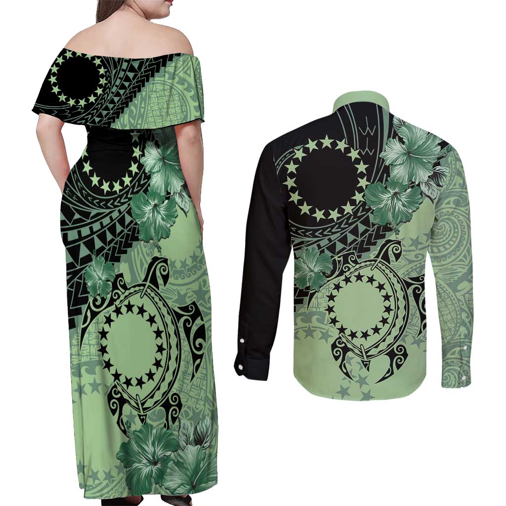 Cook Islands Turtle Couples Matching Off Shoulder Maxi Dress and Long Sleeve Button Shirt Stars and Hibiscus - Green