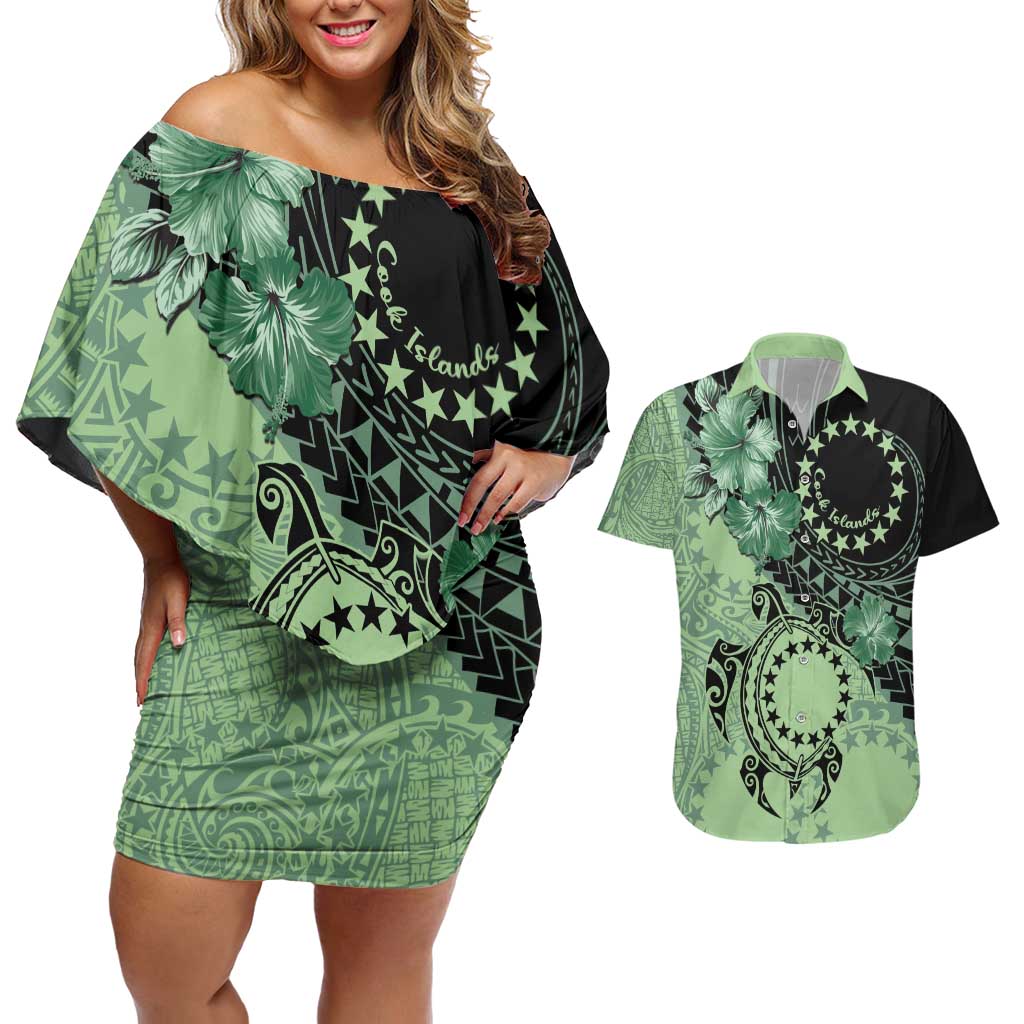 Cook Islands Turtle Couples Matching Off Shoulder Short Dress and Hawaiian Shirt Stars and Hibiscus - Green