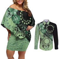 Cook Islands Turtle Couples Matching Off Shoulder Short Dress and Long Sleeve Button Shirt Stars and Hibiscus - Green