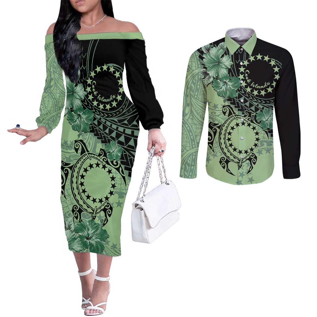 Cook Islands Turtle Couples Matching Off The Shoulder Long Sleeve Dress and Long Sleeve Button Shirt Stars and Hibiscus - Green