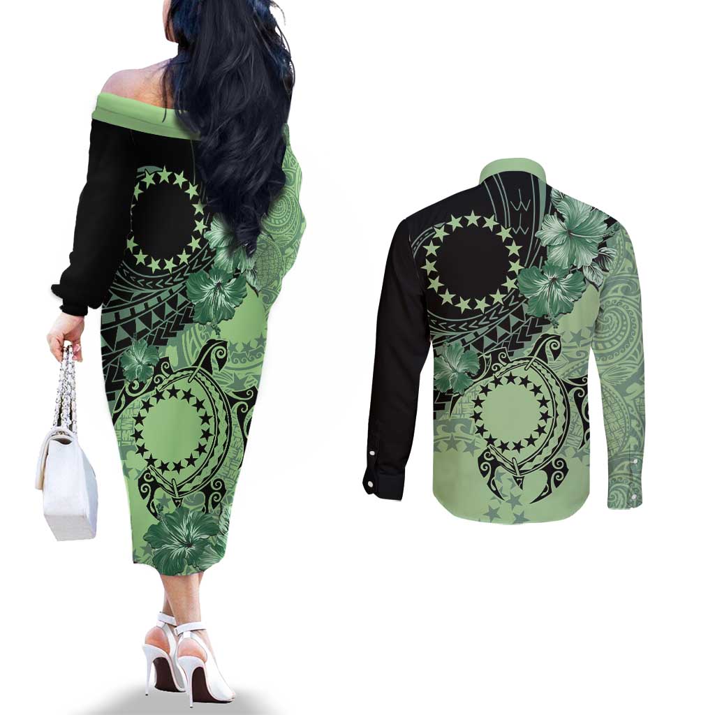 Cook Islands Turtle Couples Matching Off The Shoulder Long Sleeve Dress and Long Sleeve Button Shirt Stars and Hibiscus - Green
