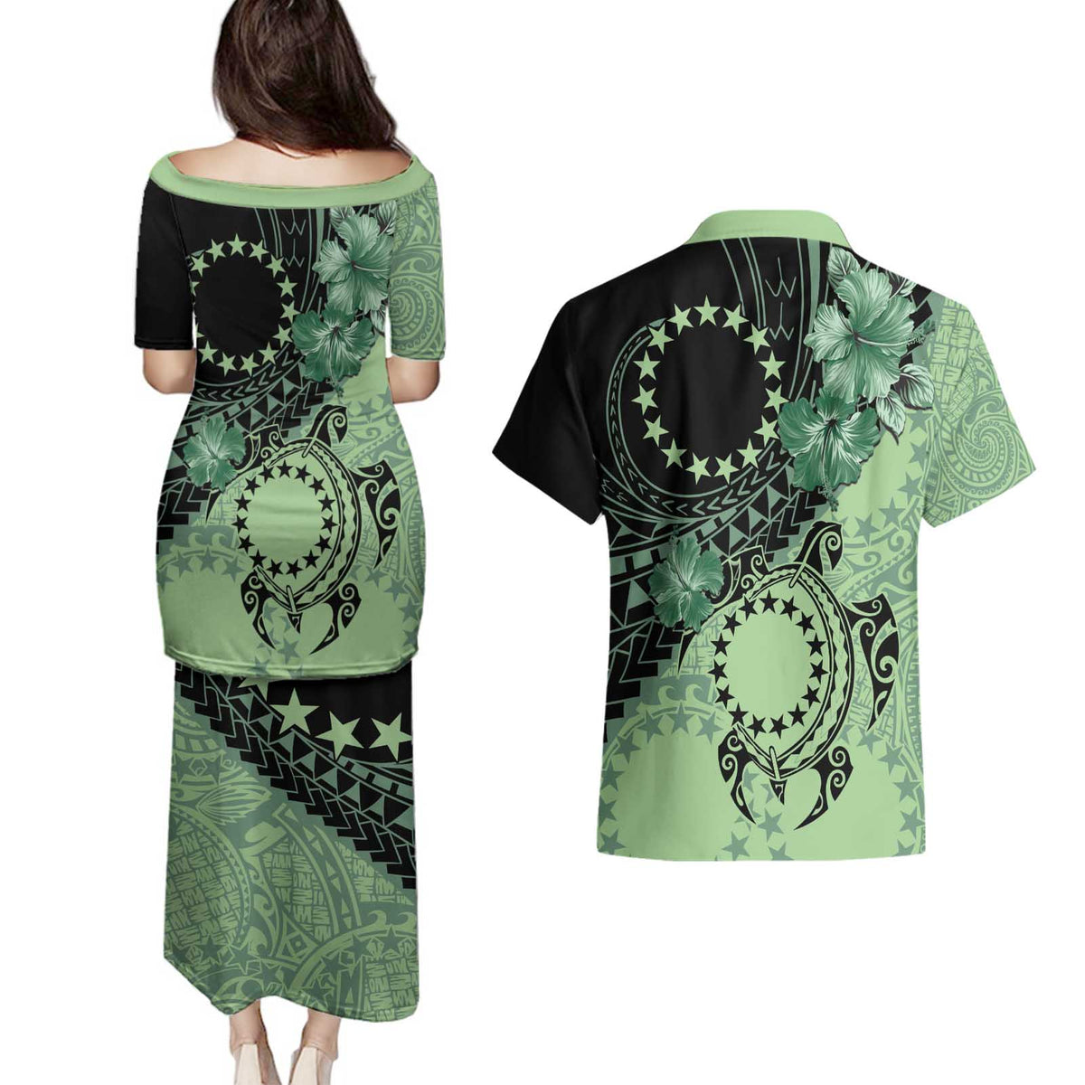 Cook Islands Turtle Couples Matching Puletasi and Hawaiian Shirt Stars and Hibiscus - Green