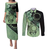 Cook Islands Turtle Couples Matching Puletasi and Long Sleeve Button Shirt Stars and Hibiscus - Green