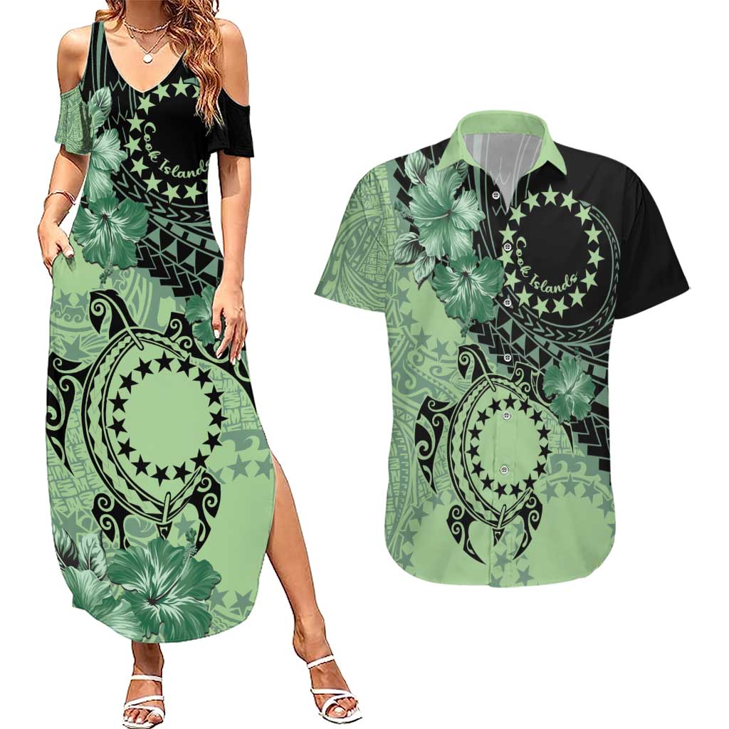 Cook Islands Turtle Couples Matching Summer Maxi Dress and Hawaiian Shirt Stars and Hibiscus - Green