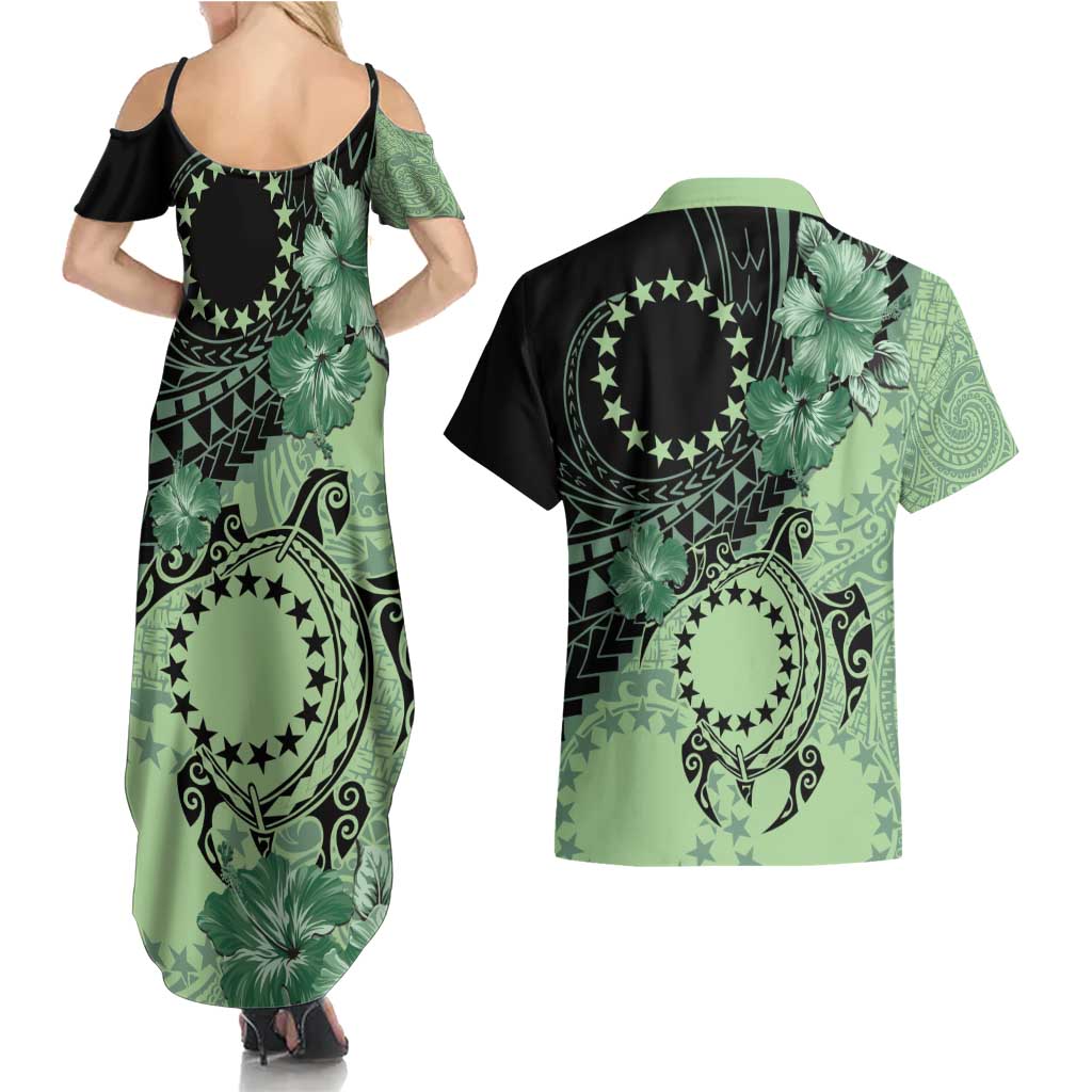Cook Islands Turtle Couples Matching Summer Maxi Dress and Hawaiian Shirt Stars and Hibiscus - Green