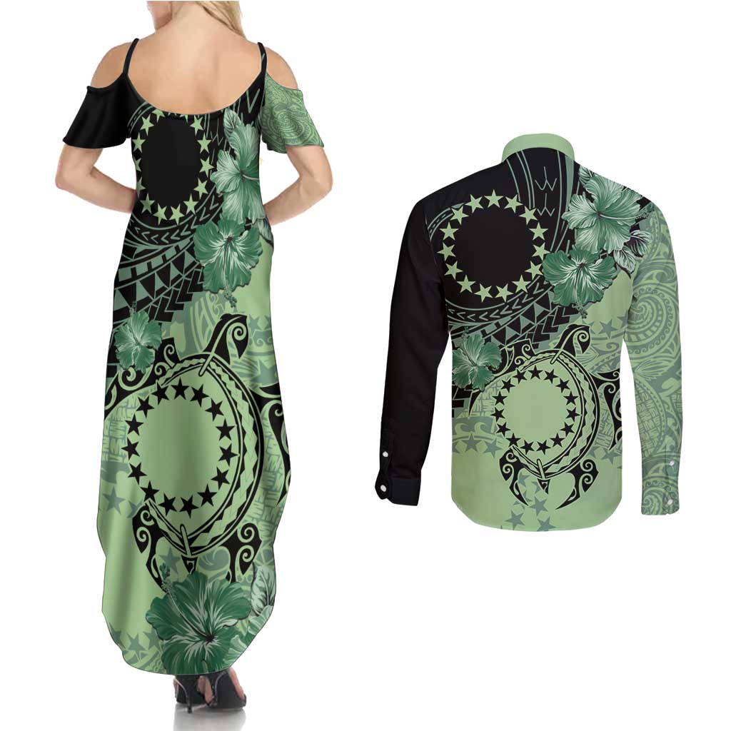 Cook Islands Turtle Couples Matching Summer Maxi Dress and Long Sleeve Button Shirt Stars and Hibiscus - Green