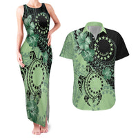 Cook Islands Turtle Couples Matching Tank Maxi Dress and Hawaiian Shirt Stars and Hibiscus - Green