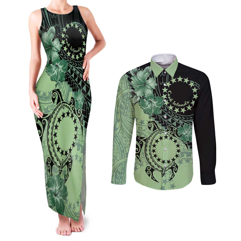 Cook Islands Turtle Couples Matching Tank Maxi Dress and Long Sleeve Button Shirt Stars and Hibiscus - Green