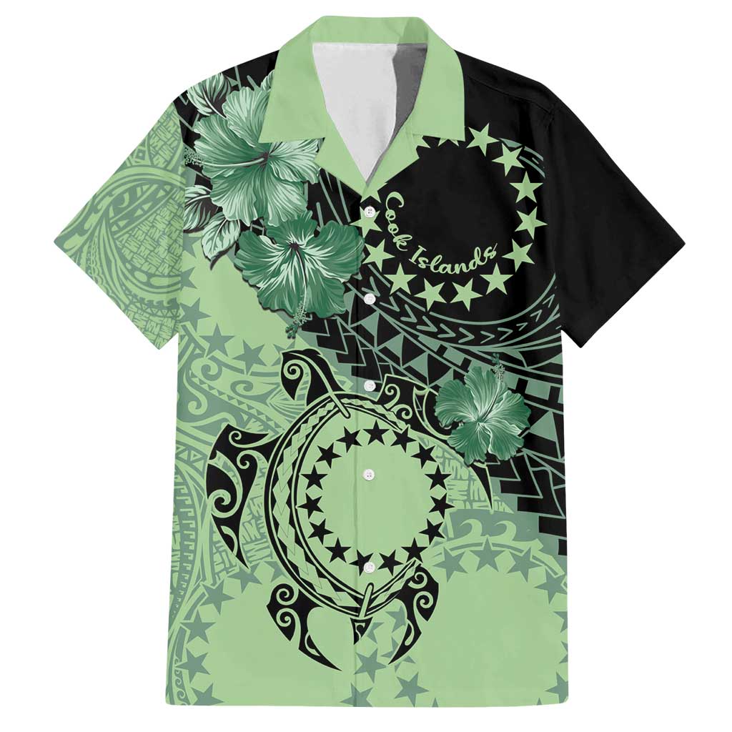 Cook Islands Turtle Family Matching Long Sleeve Bodycon Dress and Hawaiian Shirt Stars and Hibiscus - Green LT01 Dad's Shirt - Short Sleeve Green - Polynesian Pride