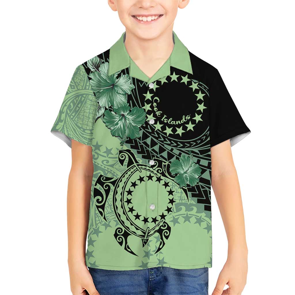Cook Islands Turtle Family Matching Long Sleeve Bodycon Dress and Hawaiian Shirt Stars and Hibiscus - Green LT01 Son's Shirt Green - Polynesian Pride