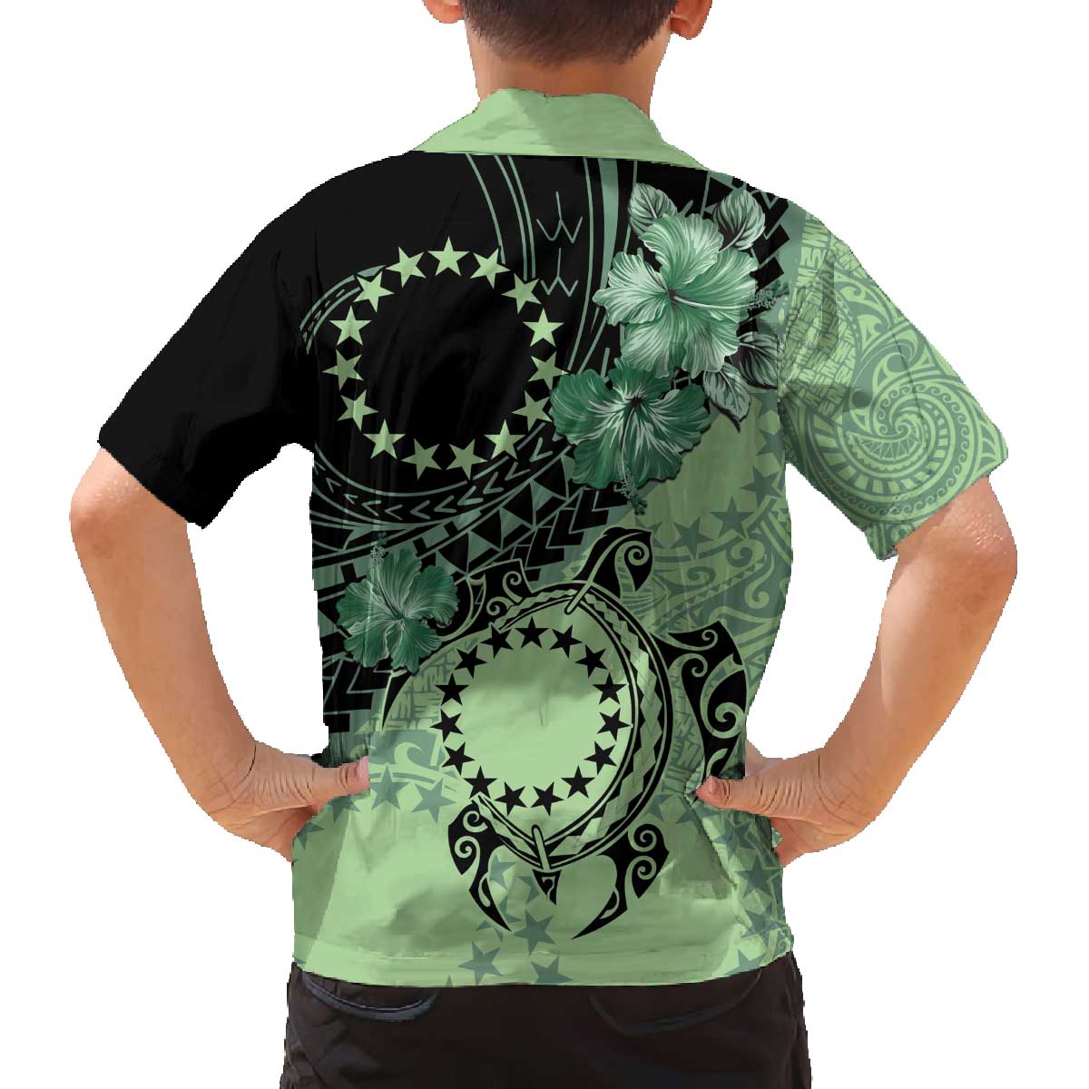 Cook Islands Turtle Family Matching Off The Shoulder Long Sleeve Dress and Hawaiian Shirt Stars and Hibiscus - Green LT01 - Polynesian Pride