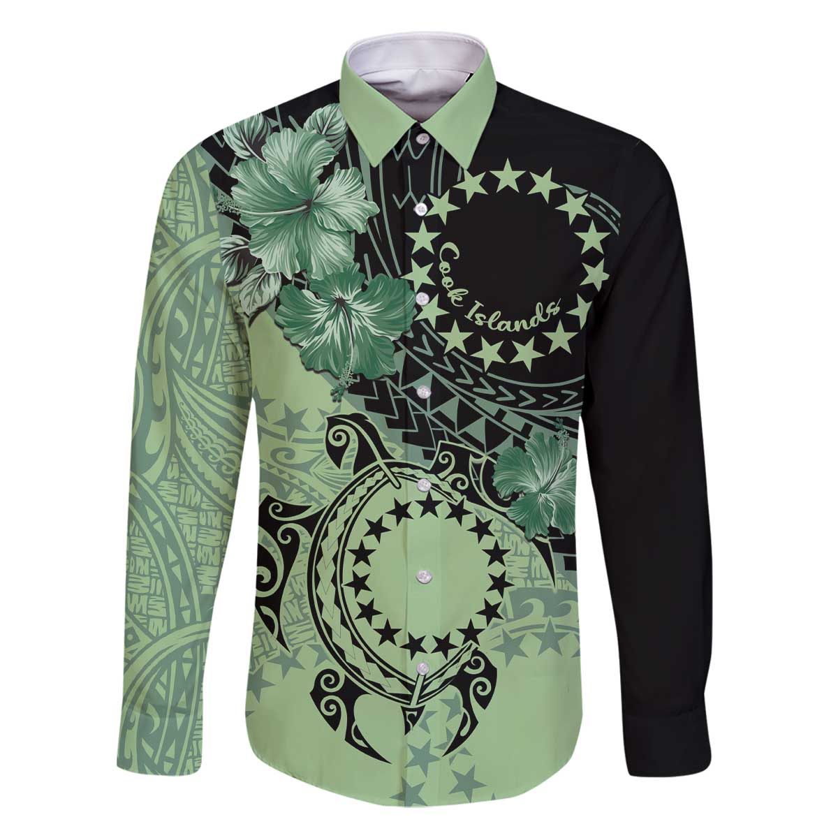 Cook Islands Turtle Family Matching Off The Shoulder Long Sleeve Dress and Hawaiian Shirt Stars and Hibiscus - Green LT01 Dad's Shirt - Long Sleeve Green - Polynesian Pride