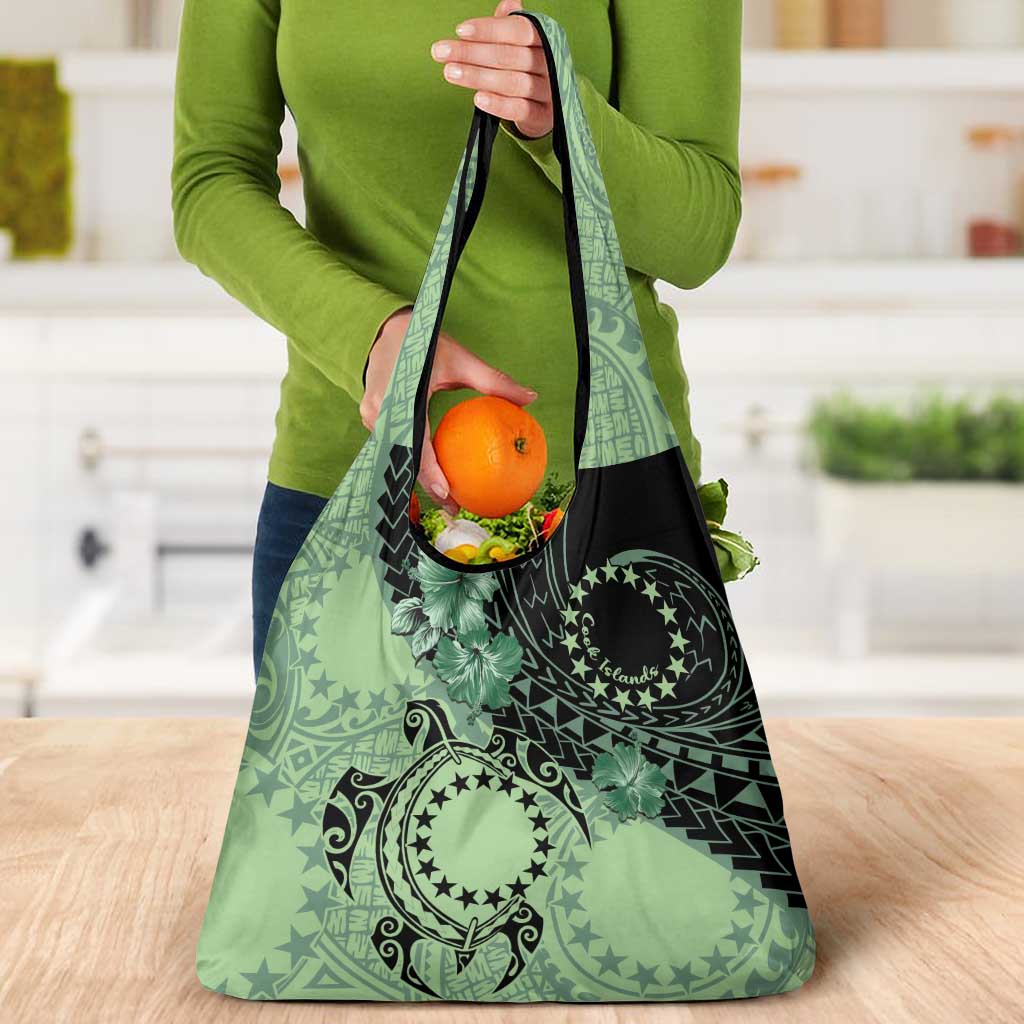Cook Islands Turtle Grocery Bag Stars and Hibiscus - Green