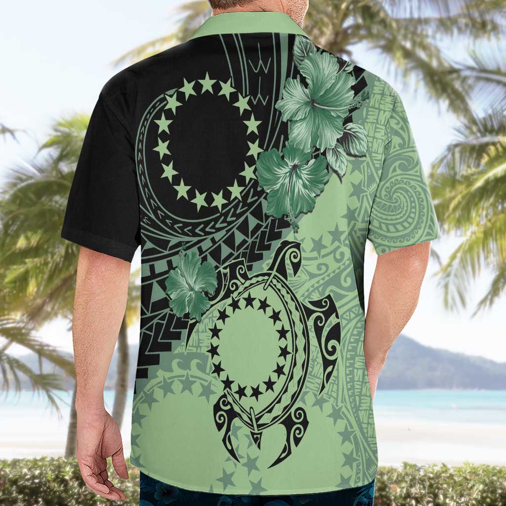 Cook Islands Turtle Hawaiian Shirt Stars and Hibiscus - Green