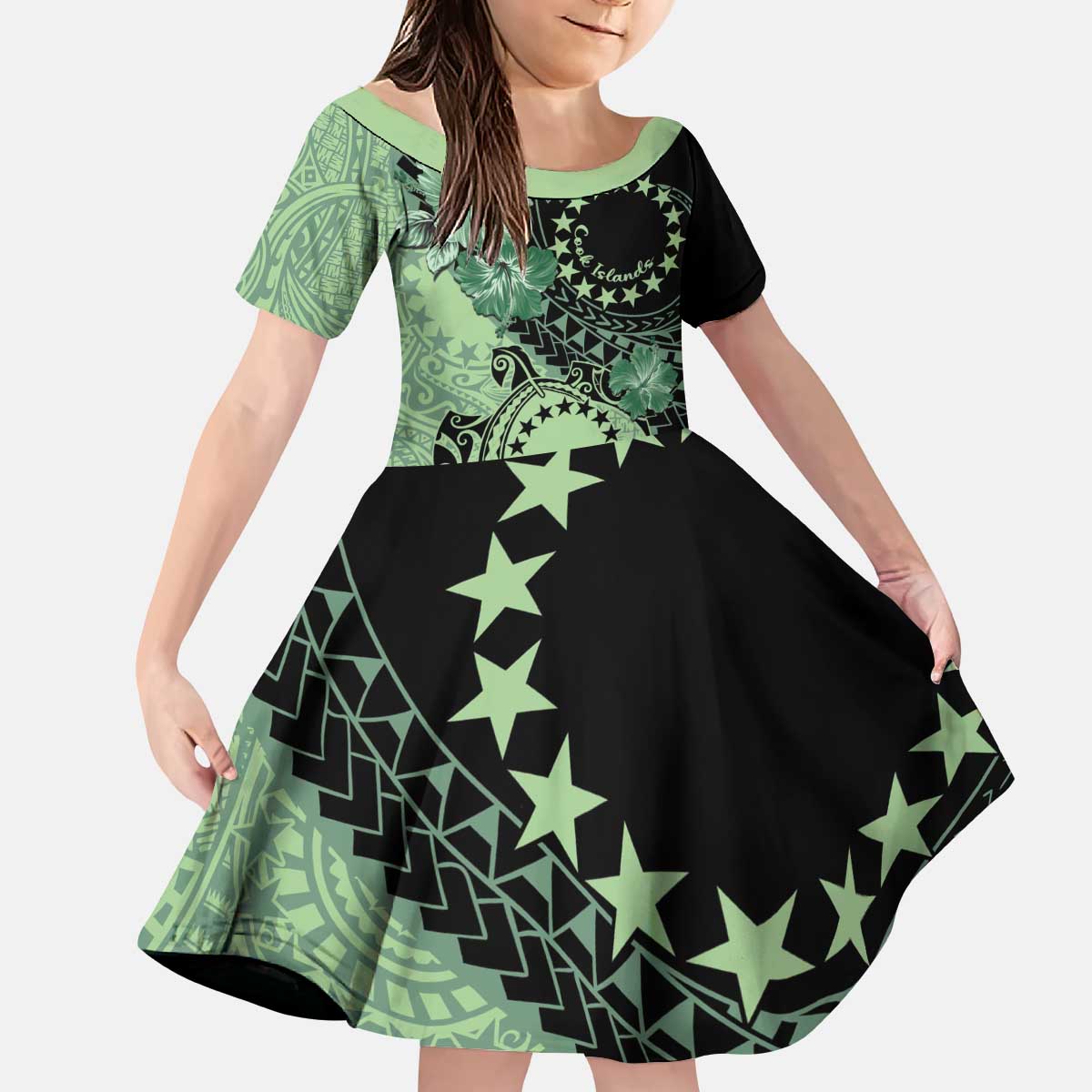 Cook Islands Turtle Kid Short Sleeve Dress Stars and Hibiscus - Green