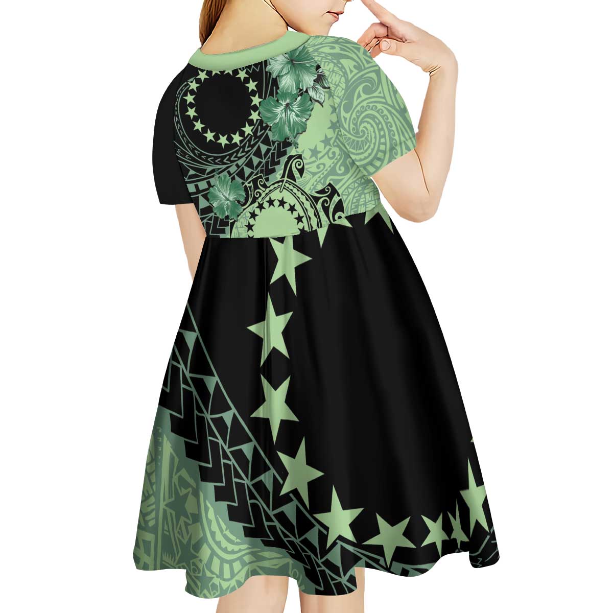 Cook Islands Turtle Kid Short Sleeve Dress Stars and Hibiscus - Green